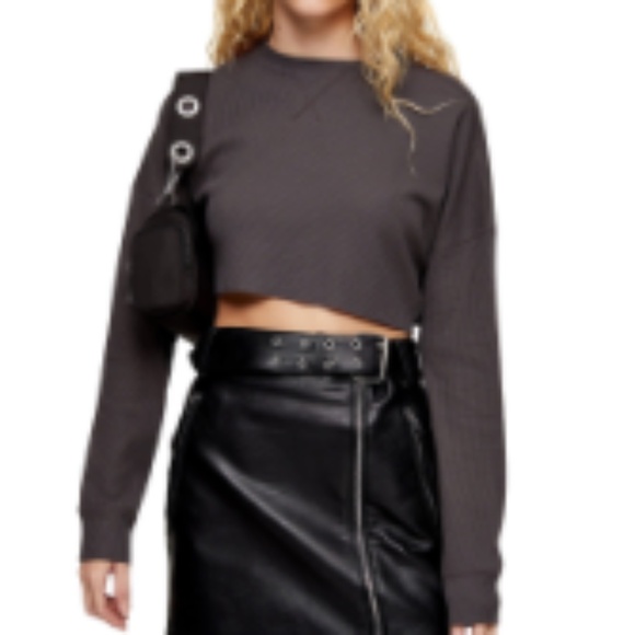 Topshop Tops - TOPSHOP Charcoal Waffle Henley Crop Top, Size 6